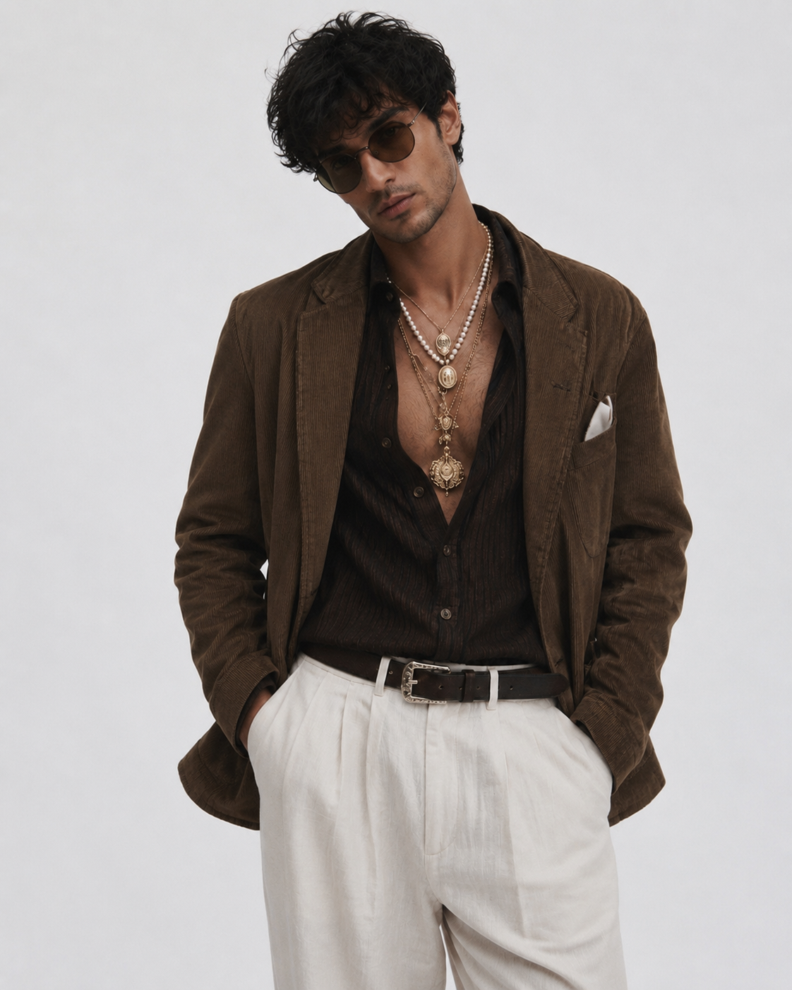 Man in a brown corduroy blazer layered with gold necklaces