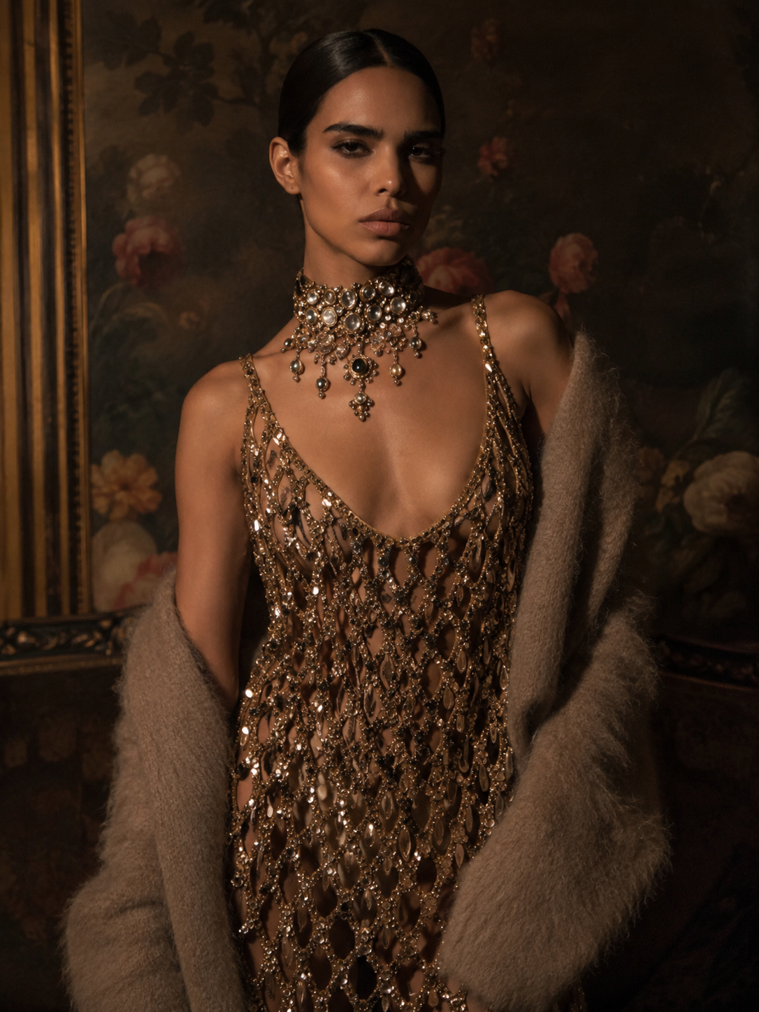 Portrait in a jewelled gold net gown with a fur wrap