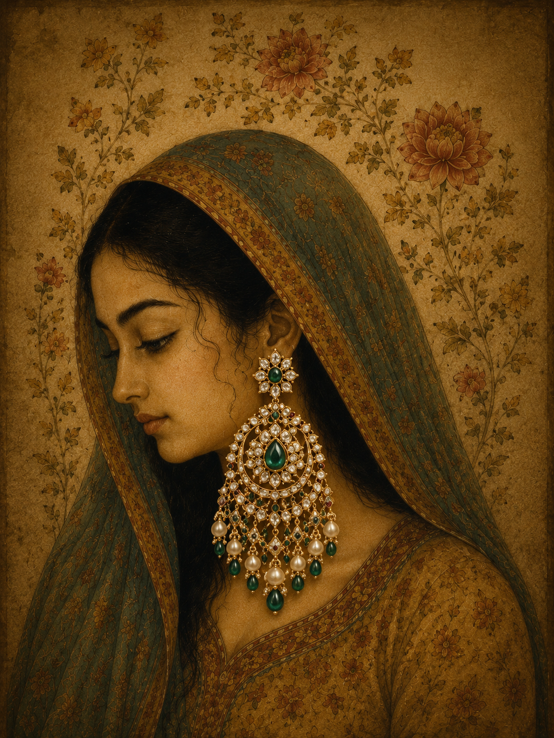 Miniature portrait, emerald earring