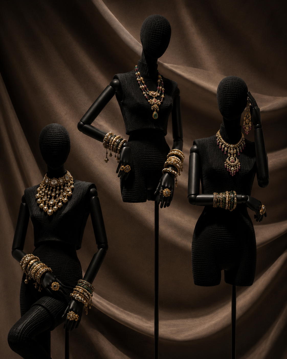 Three mannequins in gold jewellery