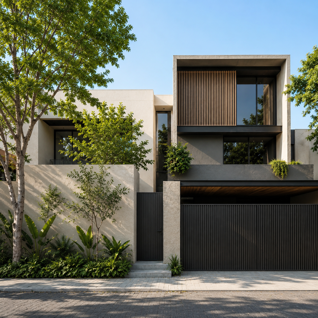 Modern concrete and timber facade behind a mature tree