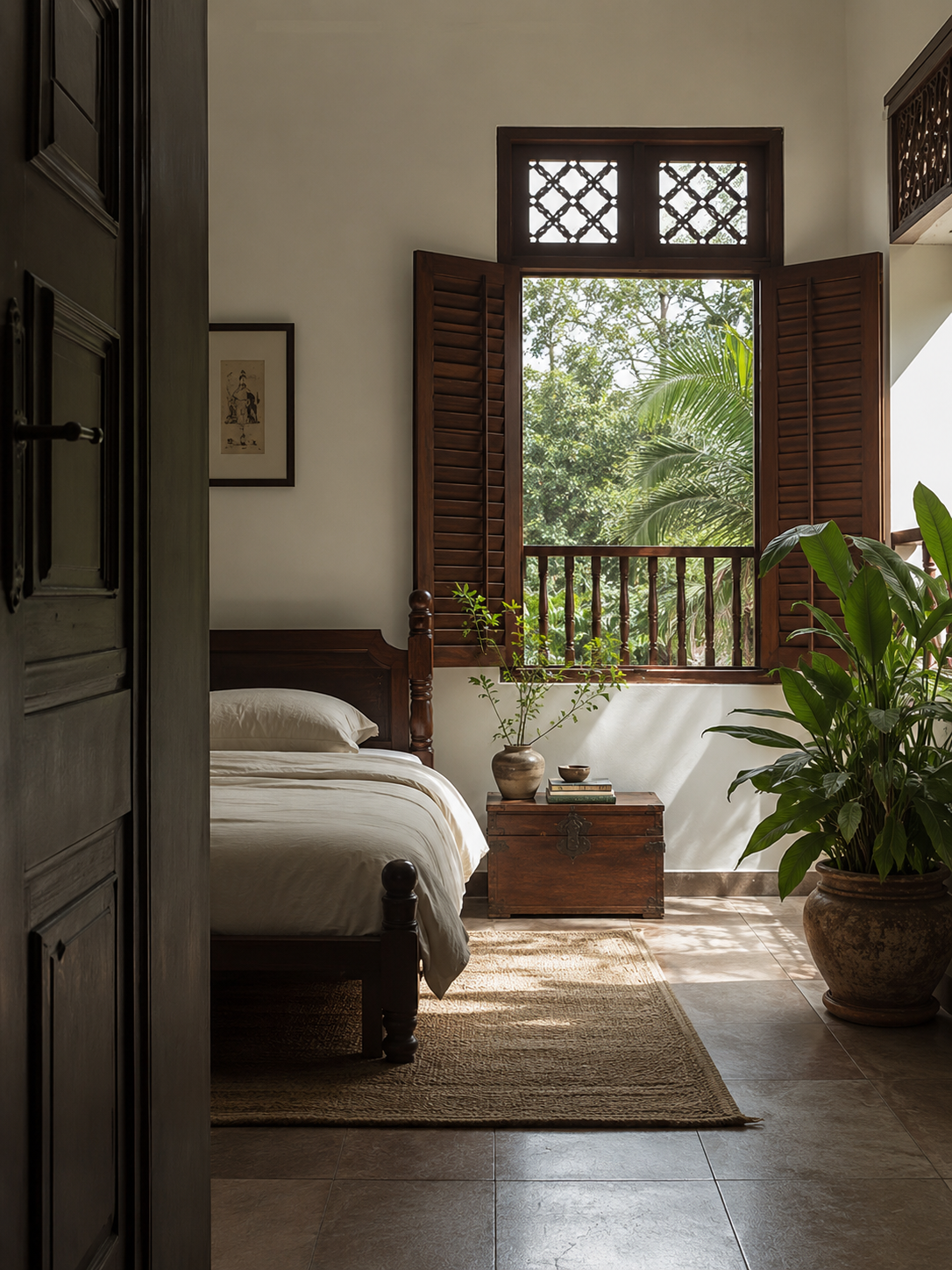 Four-poster bed seen through a doorway, louvred window beyond
