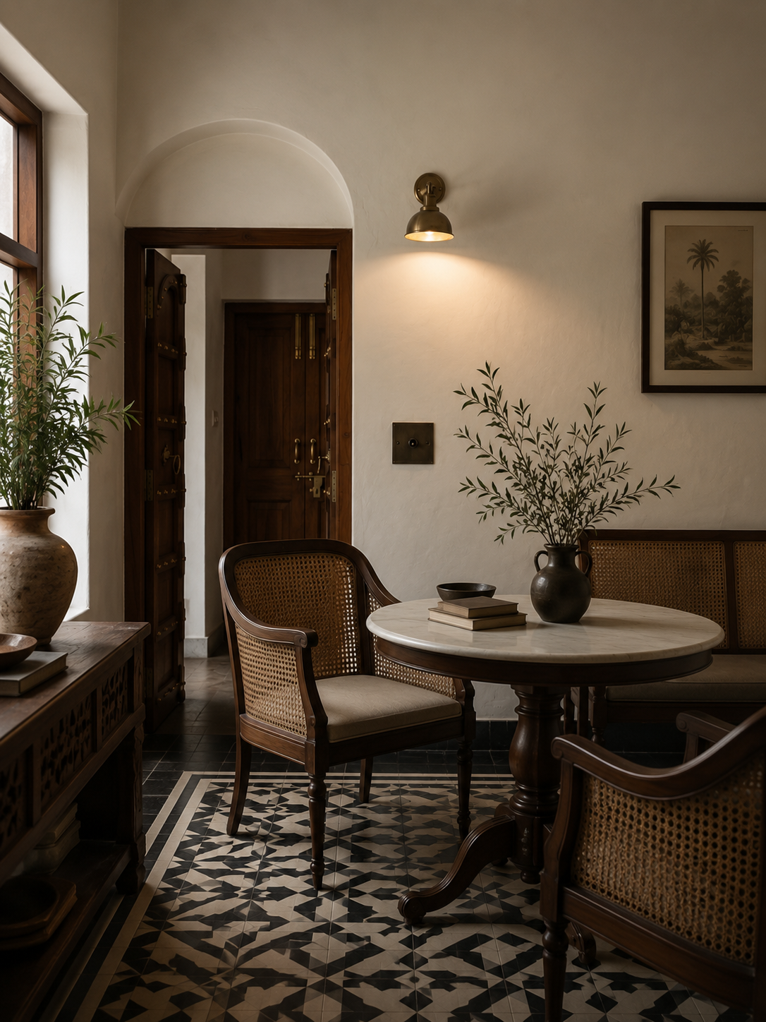 Cane chairs and a marble table on patterned tilework