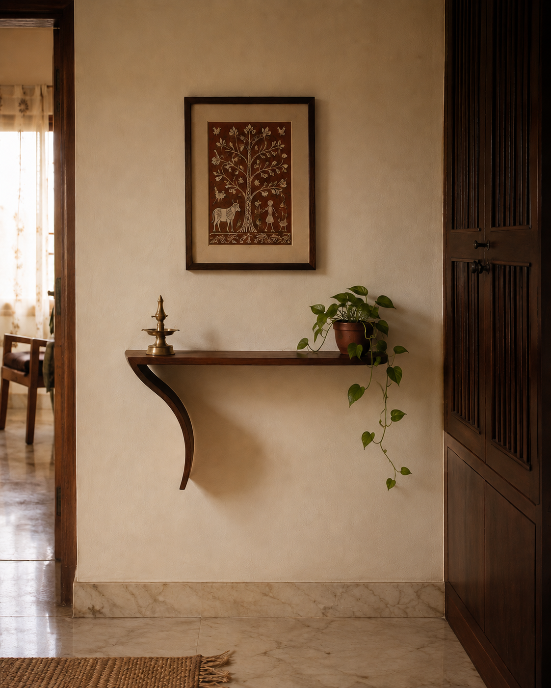 Curved console and framed pattachitra against bare plaster