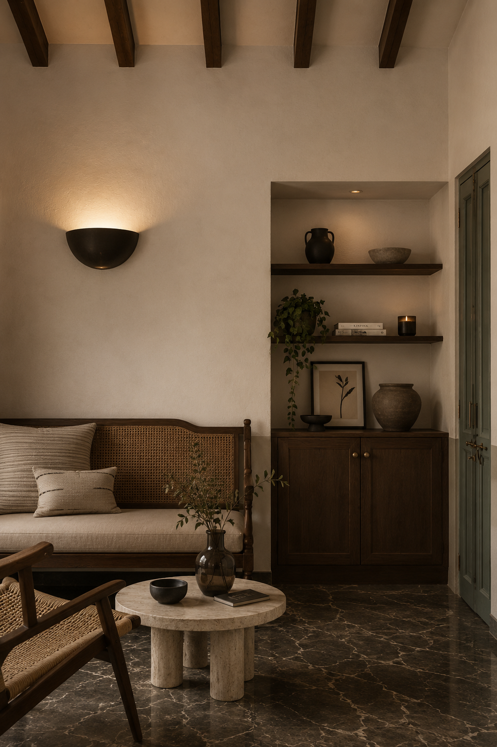 Cane daybed beside a lit alcove of shelves