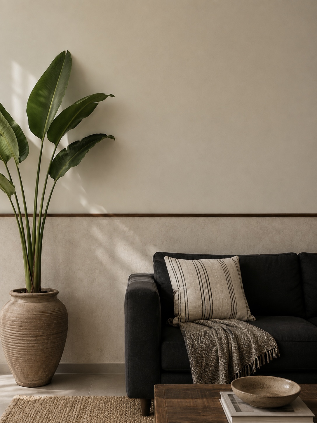 Bird-of-paradise in a stone urn beside a low charcoal sofa