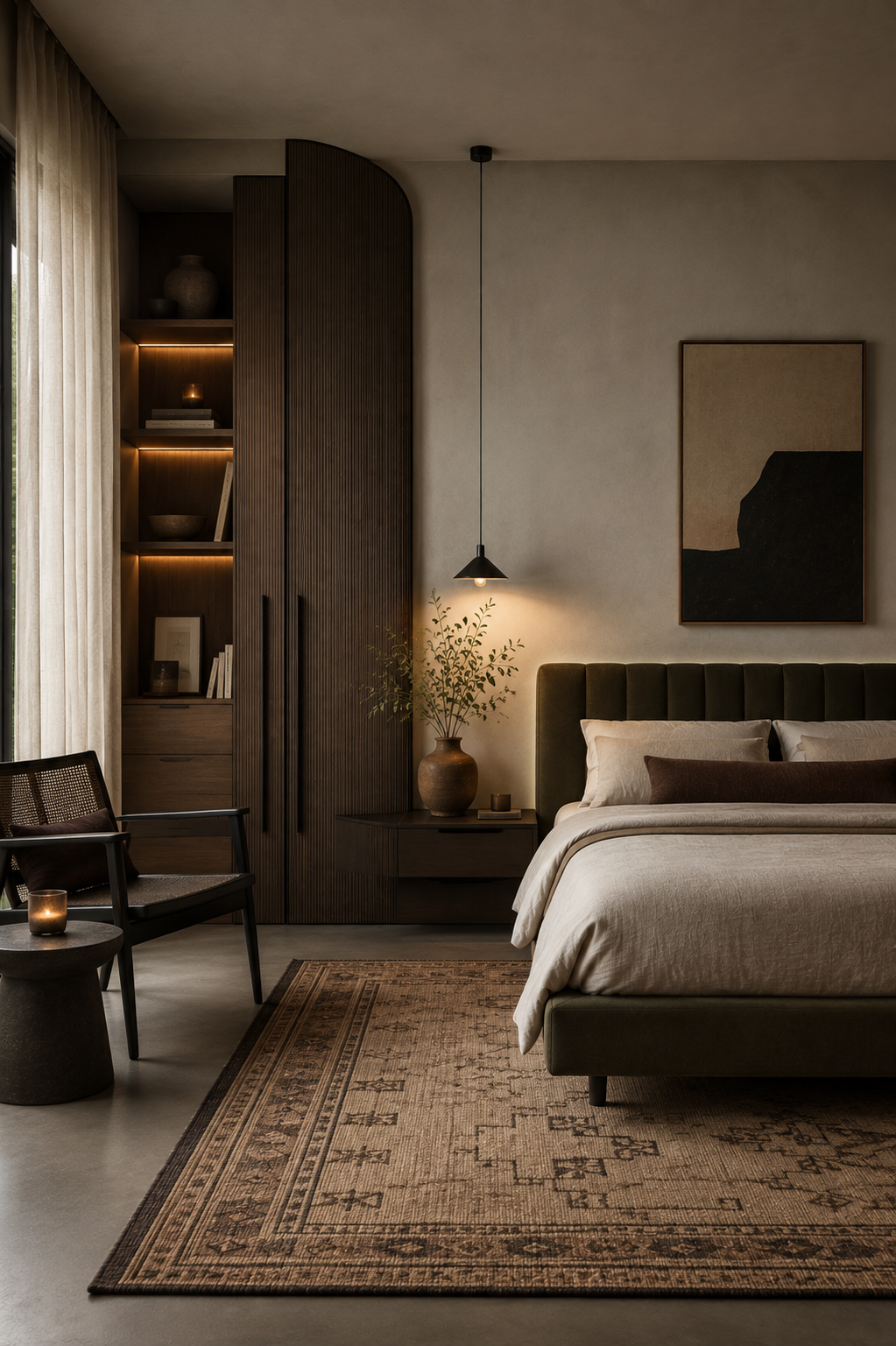 Fluted headboard and pendant beside a fitted timber wardrobe