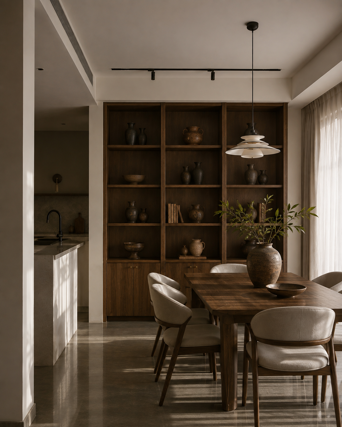 Open timber shelving above a dining table in a bright kitchen