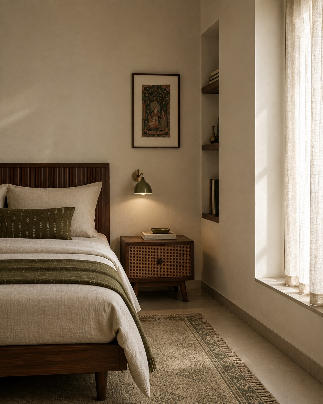 Olive-dressed bed and reading light in a window-lit alcove