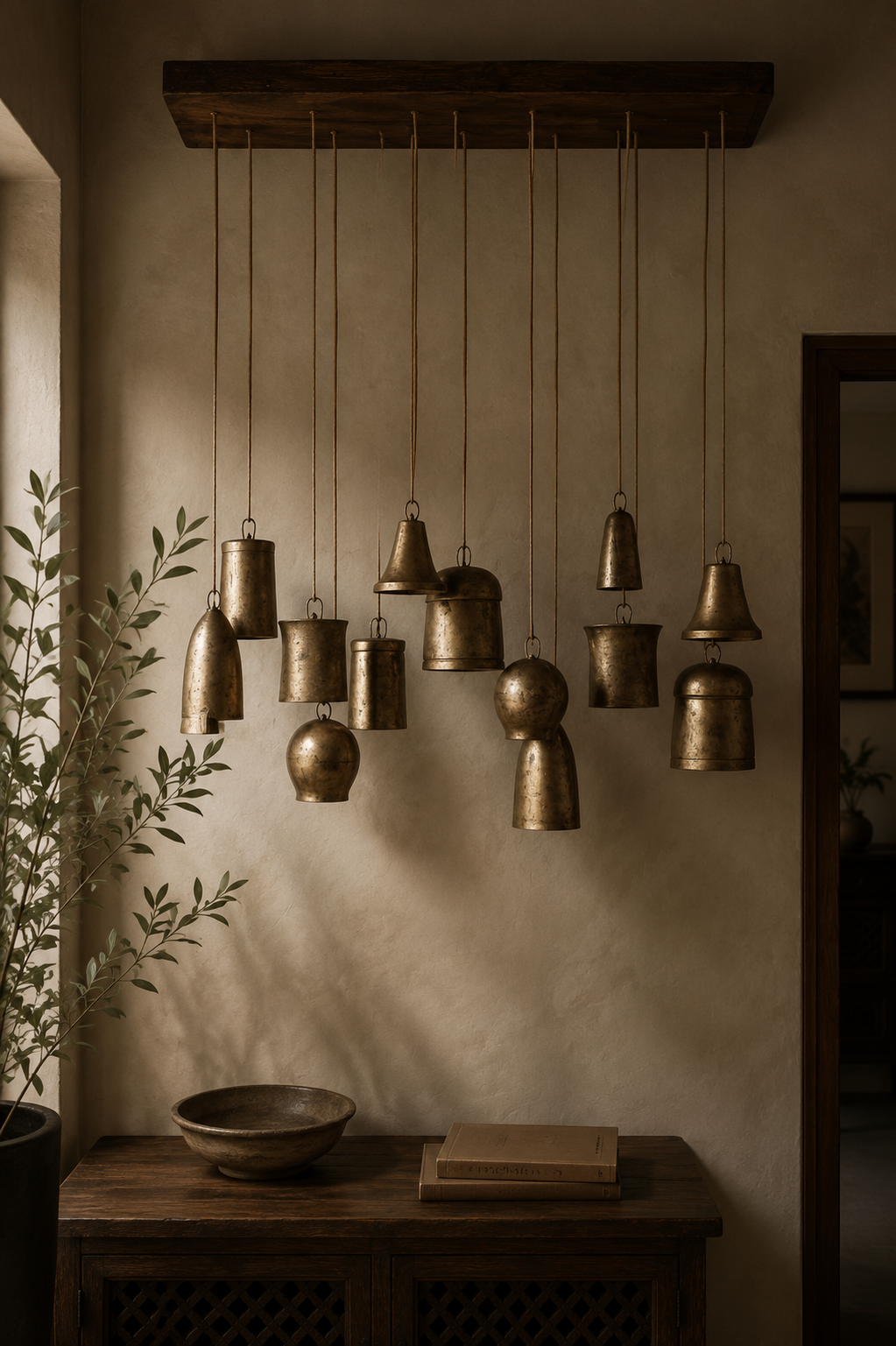 Hanging brass bells above a carved console in warm interior light
