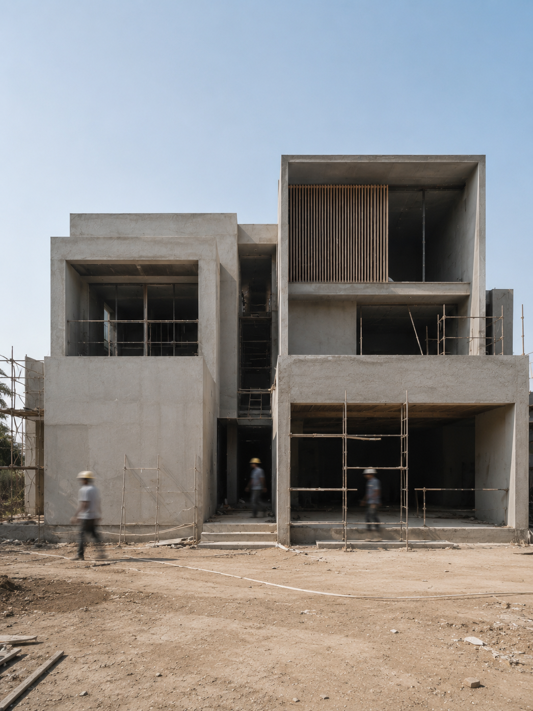 Concrete frame of a house under construction against open sky