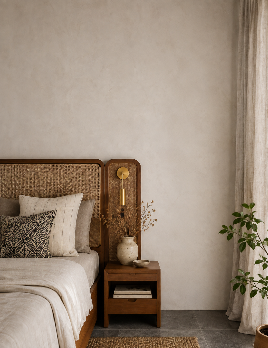 Cane headboard and brass sconce in a linen-dressed bedroom