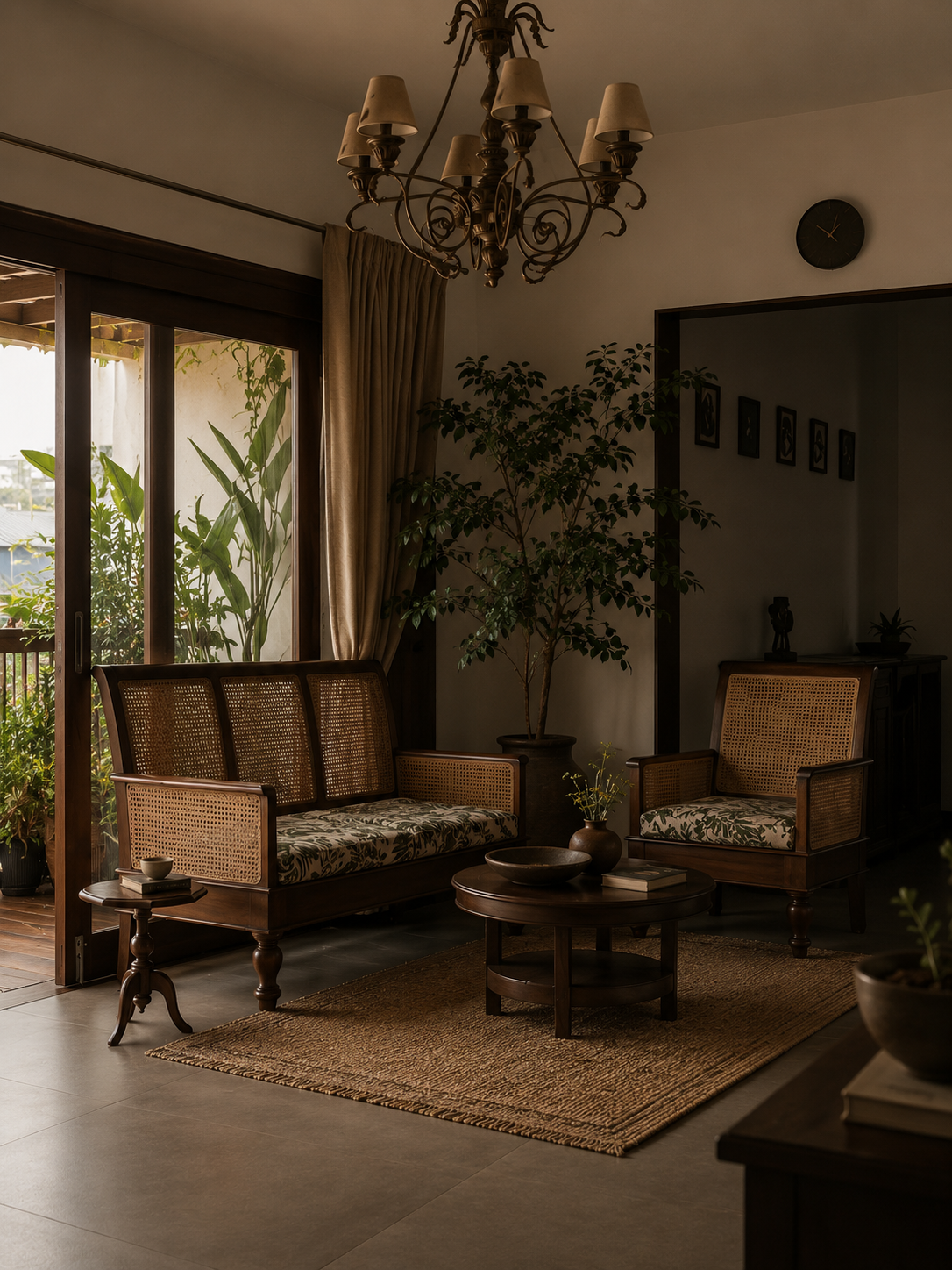 Cane seating and chandelier in a colonial living room