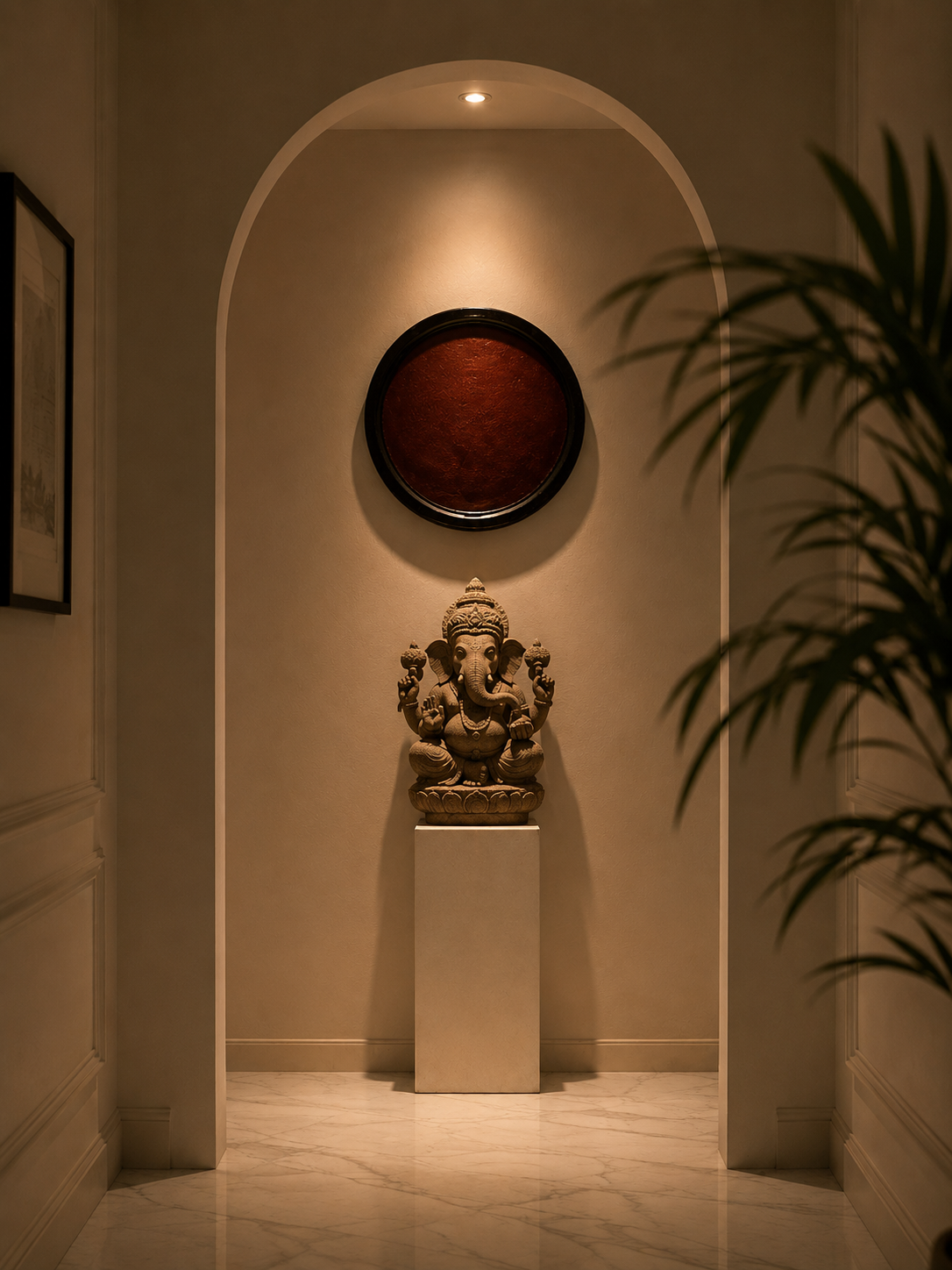 Carved Ganesha lit within an arched marble niche
