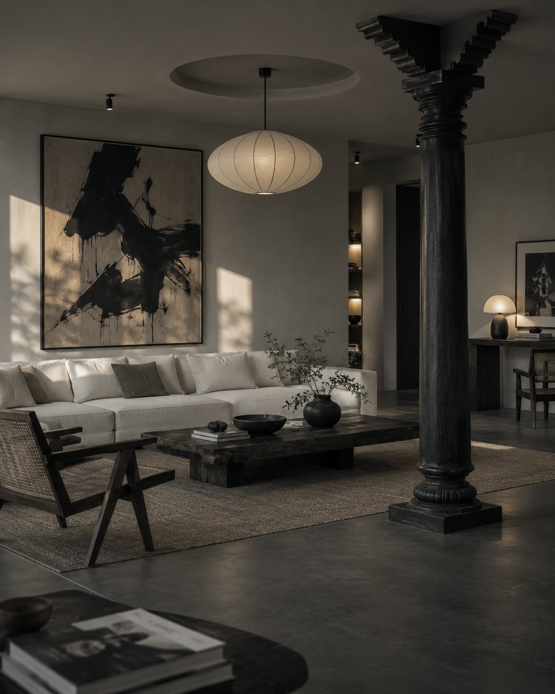 Black carved column above a low sofa in a modern living room