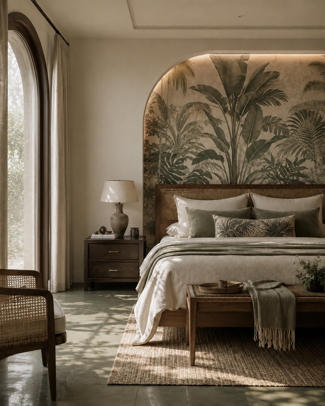 Bed against a painted palm mural beside an arched window