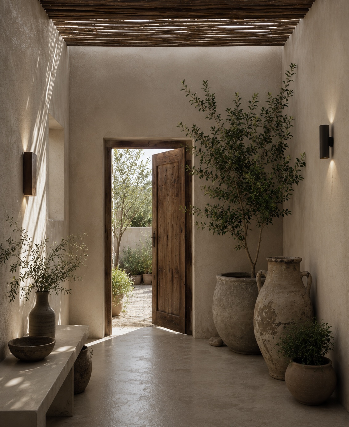 Lime-plastered corridor opening to a courtyard past clay urns
